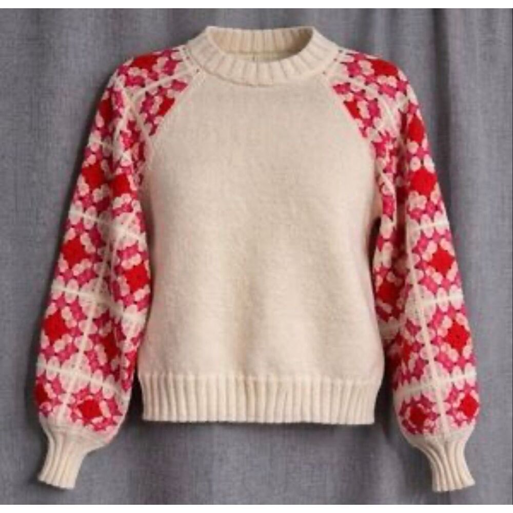 Bunulu Crewneck Sweater Granny Square Crochet Sleeves Small Wool Blend